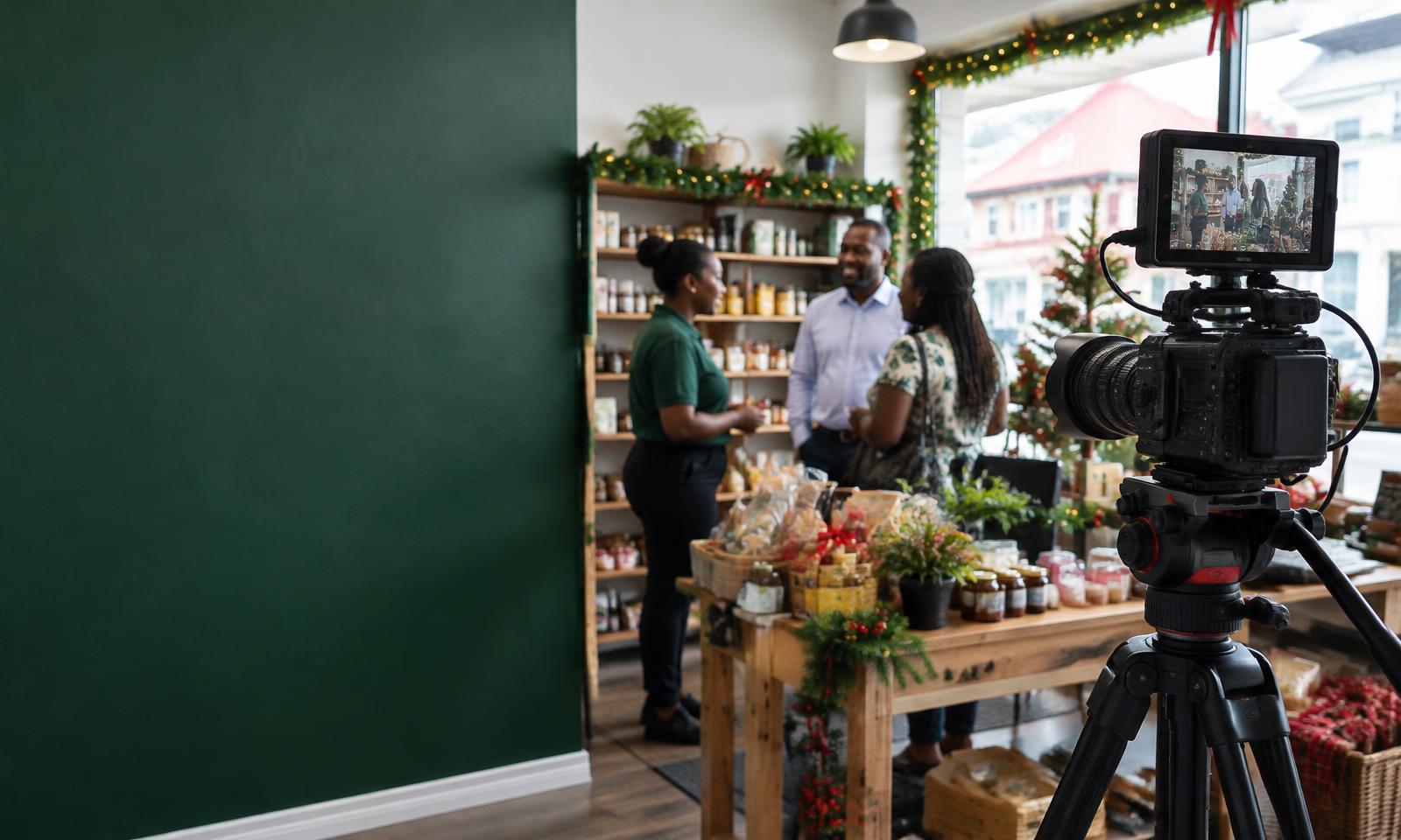 Illustration of a Christmas advertising shoot at a retail business
