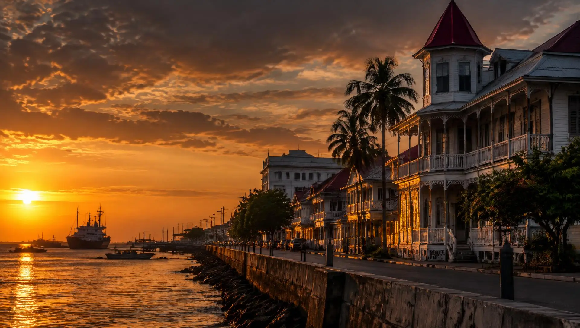 Georgetown waterfront at dusk, Guyana